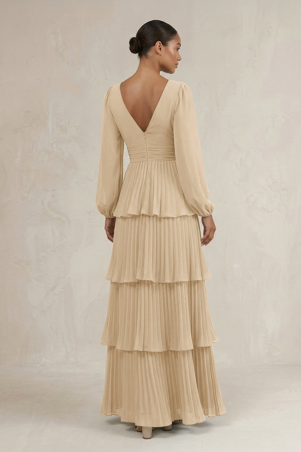 V-Neck Tiered A-Line Long Sleeve Bridesmaid Dress in Champagne