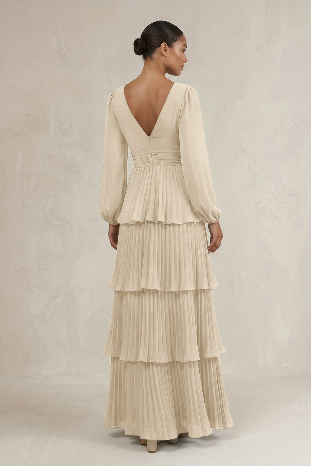 V - Neck Tiered A - Line Long Sleeve Bridesmaid Dress in Champagne - KISS BRIDAL Bridesmaid Dresses
