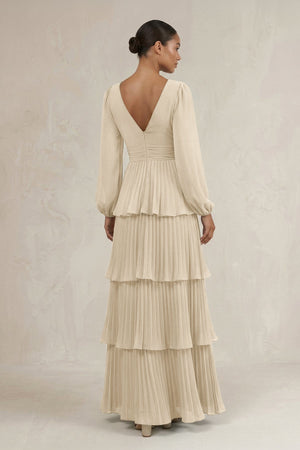 V - Neck Tiered A - Line Long Sleeve Bridesmaid Dress in Champagne - SHE IS ME Bridesmaid Dresses