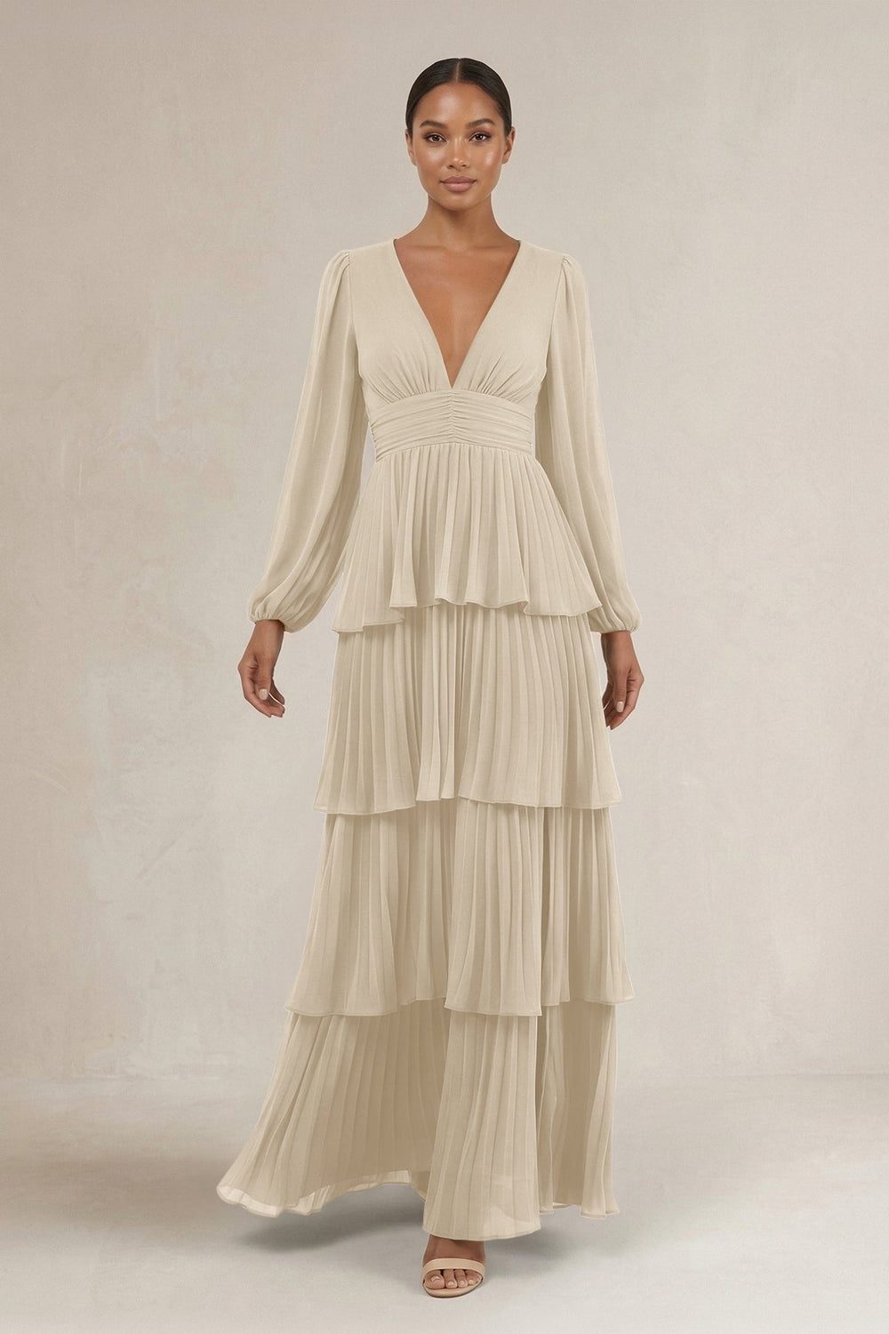 V - Neck Tiered A - Line Long Sleeve Bridesmaid Dress in Champagne - KISS BRIDAL Bridesmaid Dresses