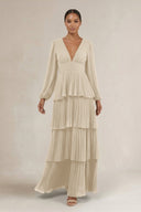 V - Neck Tiered A - Line Long Sleeve Bridesmaid Dress in Champagne - SHE IS ME Bridesmaid Dresses