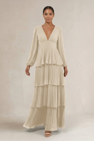 V - Neck Tiered A - Line Long Sleeve Bridesmaid Dress in Champagne - SHE IS ME Bridesmaid Dresses