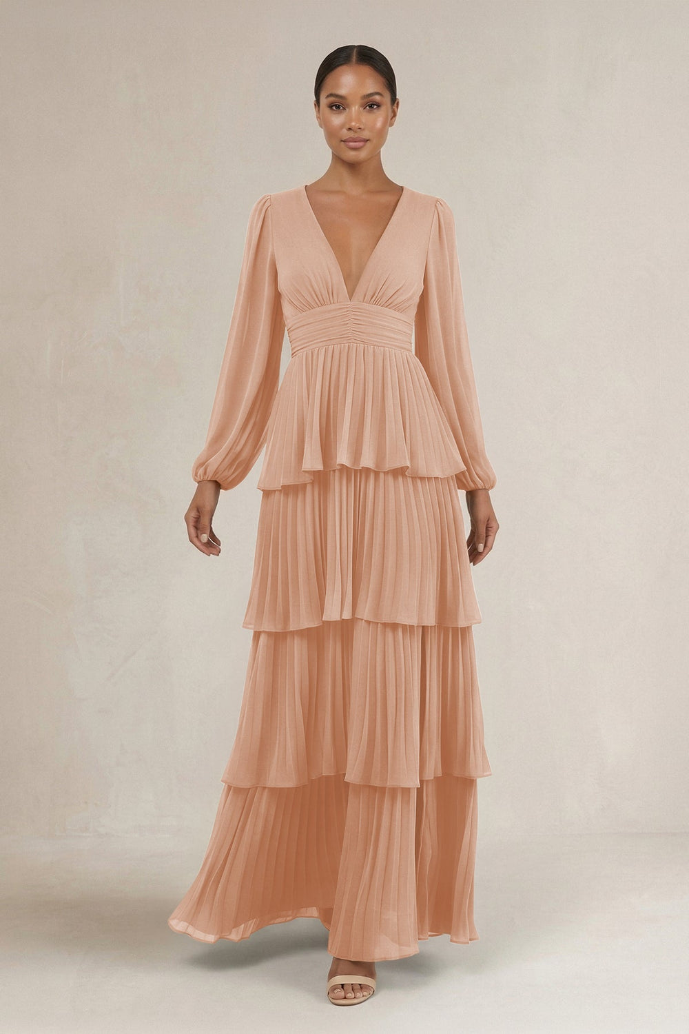 V - Neck Tiered A - Line Long Sleeve Bridesmaid Dress in Champagne Rose - KISS BRIDAL Bridesmaid Dresses