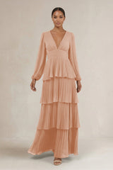 V - Neck Tiered A - Line Long Sleeve Bridesmaid Dress in Champagne Rose - KISS BRIDAL Bridesmaid Dresses
