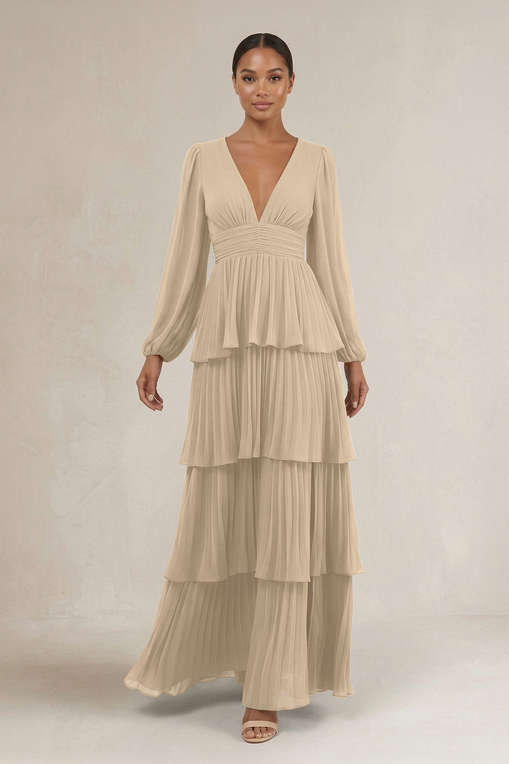 V-Neck Tiered A-Line Long Sleeve Bridesmaid Dress in Champagne