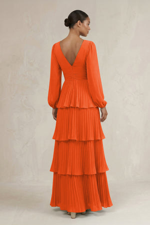 V-Neck Tiered A-Line Long Sleeve Bridesmaid Dress in Cinnamon (2) | KISSBRIDAL
