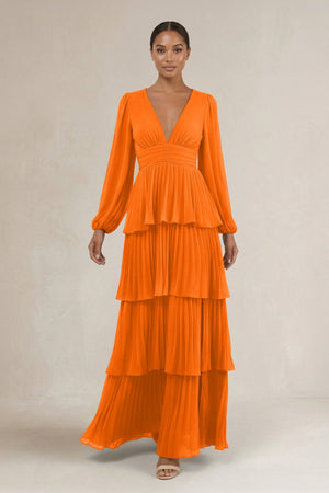 V - Neck Tiered A - Line Long Sleeve Bridesmaid Dress in Cinnamon - SHE IS ME Bridesmaid Dresses