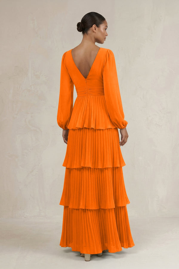 V - Neck Tiered A - Line Long Sleeve Bridesmaid Dress in Cinnamon - SHE IS ME Bridesmaid Dresses