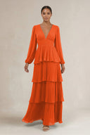 V-Neck Tiered A-Line Long Sleeve Bridesmaid Dress in Cinnamon | KISSBRIDAL