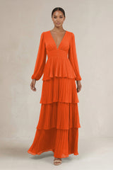V-Neck Tiered A-Line Long Sleeve Bridesmaid Dress in Cinnamon | KISSBRIDAL