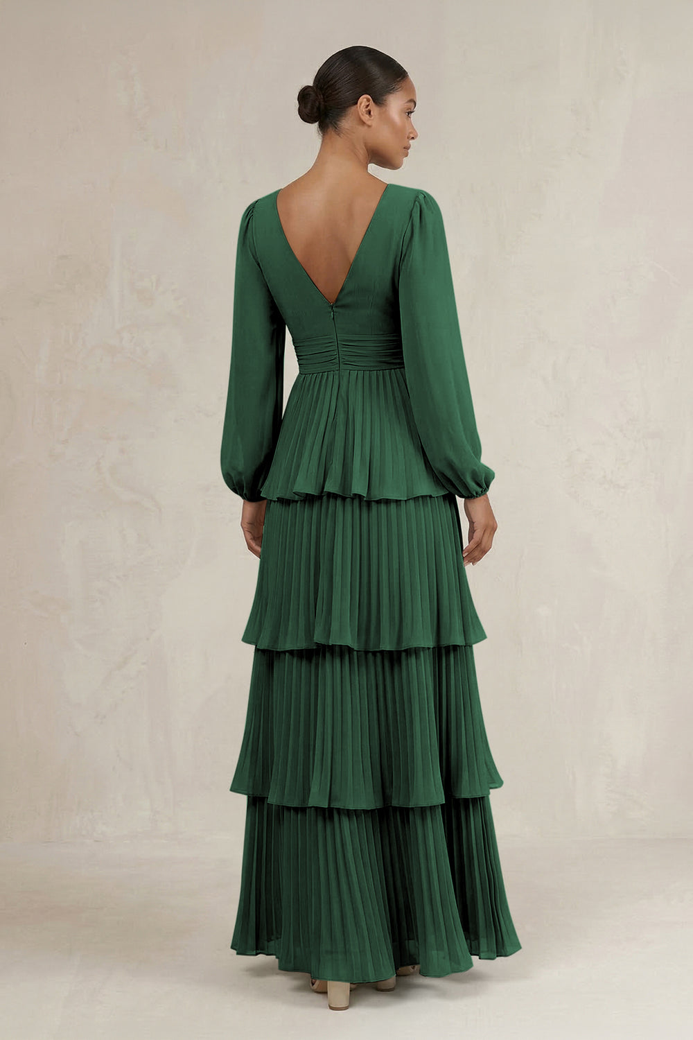 V-Neck Tiered A-Line Long Sleeve Bridesmaid Dress in Dark Green