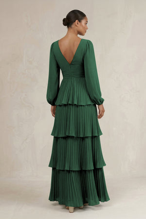 V-Neck Tiered A-Line Long Sleeve Bridesmaid Dress in Dark Green (2) | KISSBRIDAL