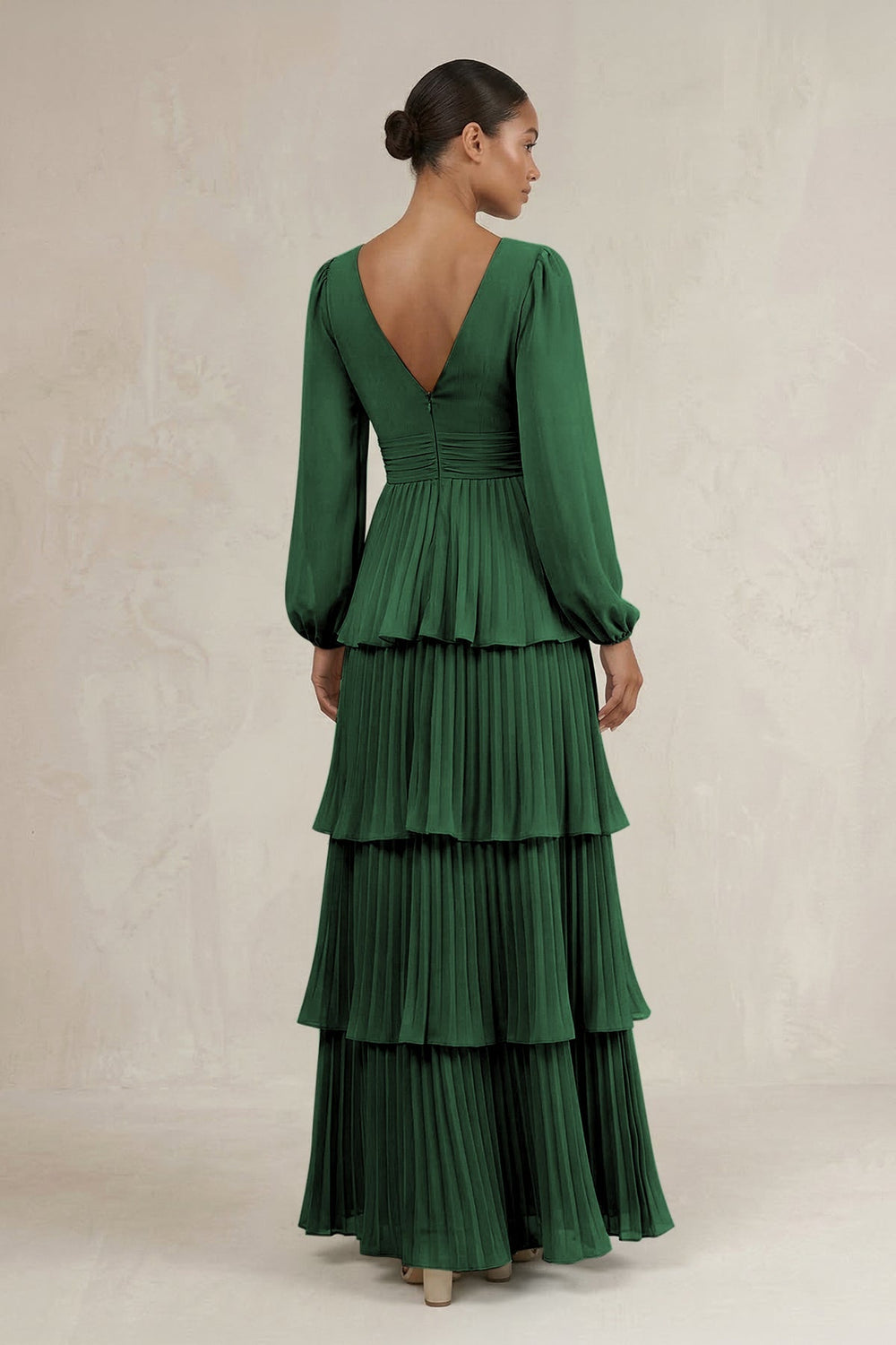 V - Neck Tiered A - Line Long Sleeve Bridesmaid Dress in Dark Green - KISS BRIDAL Bridesmaid Dresses
