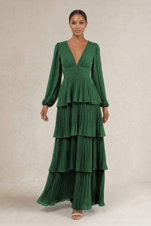 V - Neck Tiered A - Line Long Sleeve Bridesmaid Dress in Dark Green - SHE IS ME Bridesmaid Dresses