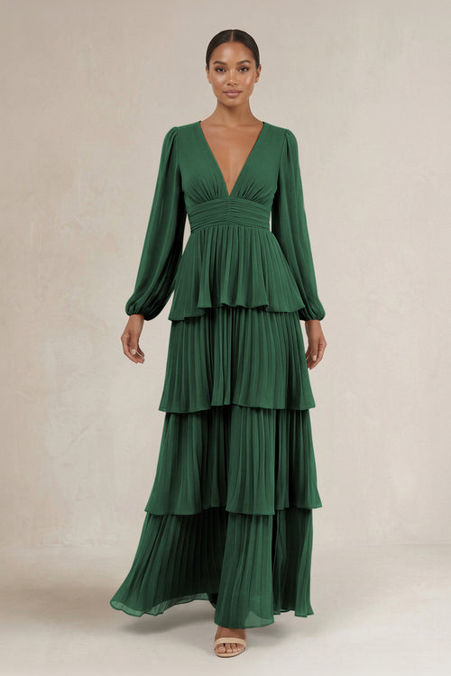 V-Neck Tiered A-Line Long Sleeve Bridesmaid Dress in Dark Green | KISSBRIDAL