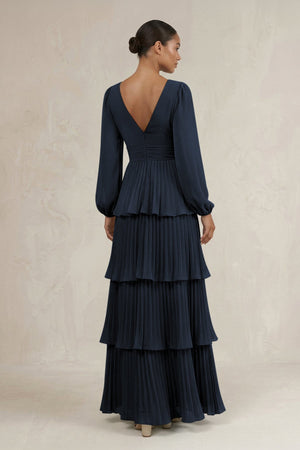 V - Neck Tiered A - Line Long Sleeve Bridesmaid Dress in Dark Navy - SHE IS ME Bridesmaid Dresses