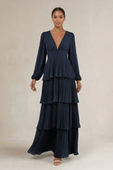 V - Neck Tiered A - Line Long Sleeve Bridesmaid Dress in Dark Navy - KISS BRIDAL Bridesmaid Dresses