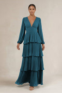 V - Neck Tiered A - Line Long Sleeve Bridesmaid Dress in Dark Teal - SHE IS ME Bridesmaid Dresses