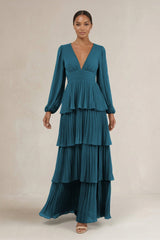 V - Neck Tiered A - Line Long Sleeve Bridesmaid Dress in Dark Teal - KISS BRIDAL Bridesmaid Dresses