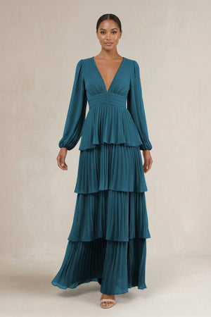V - Neck Tiered A - Line Long Sleeve Bridesmaid Dress in Dark Teal - SHE IS ME Bridesmaid Dresses