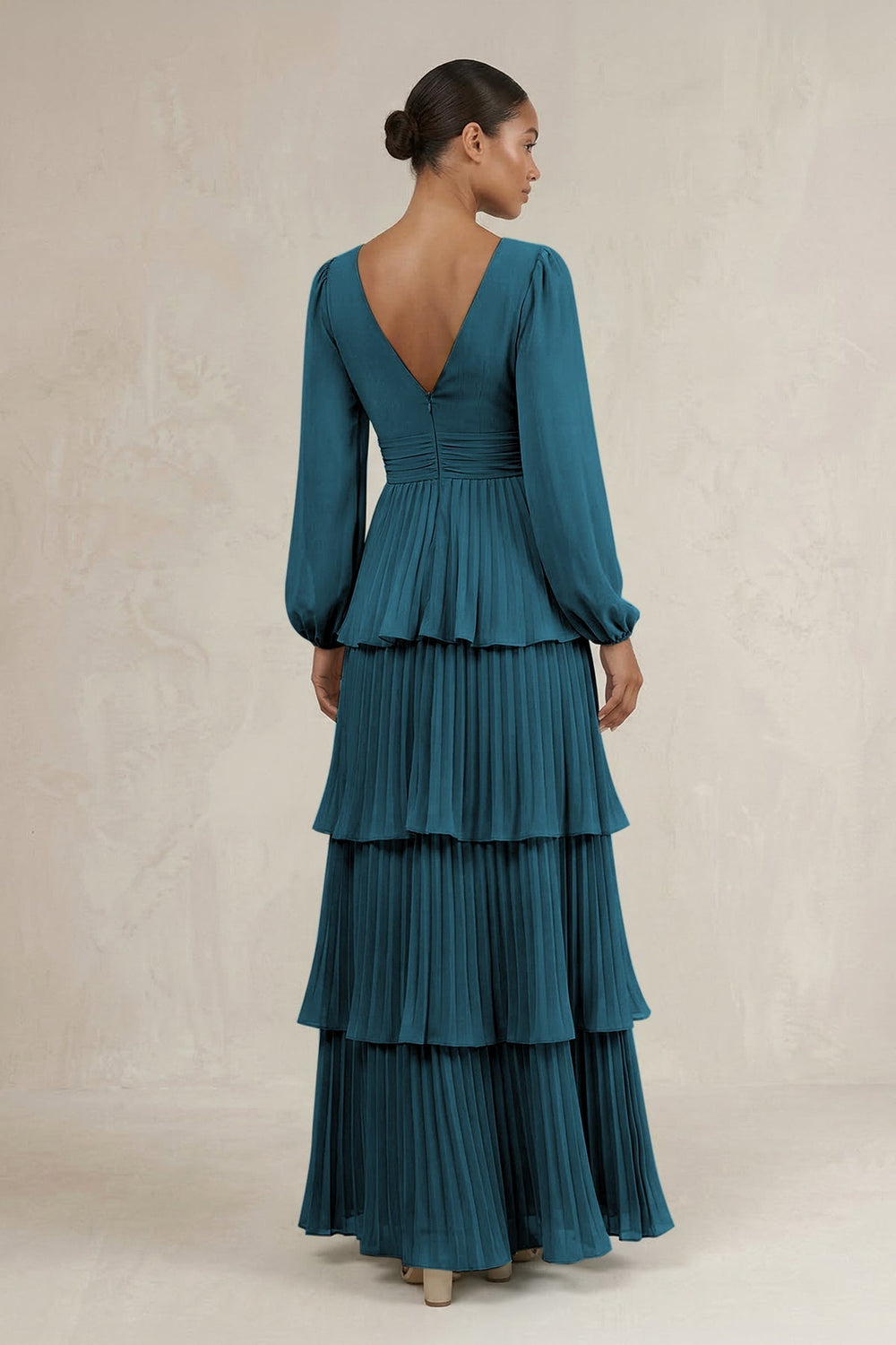 V - Neck Tiered A - Line Long Sleeve Bridesmaid Dress in Dark Teal - KISS BRIDAL Bridesmaid Dresses