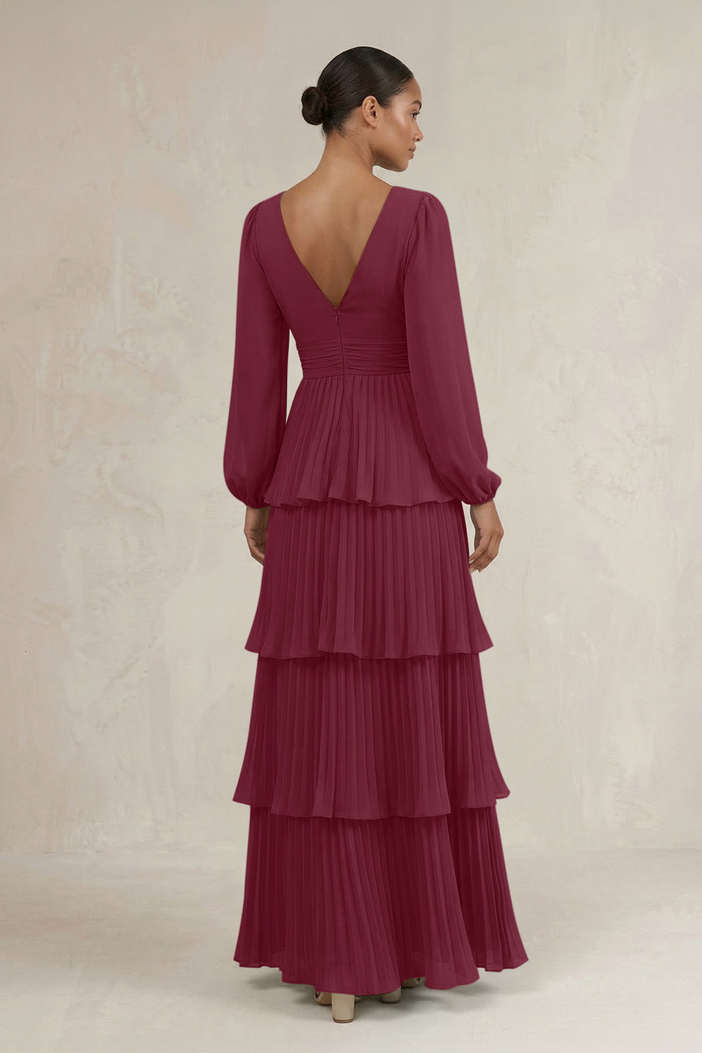 V-Neck Tiered A-Line Long Sleeve Bridesmaid Dress in Desert Rose