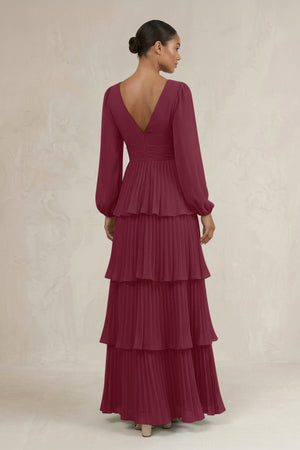 V-Neck Tiered A-Line Long Sleeve Bridesmaid Dress in Desert Rose (2) | KISSBRIDAL