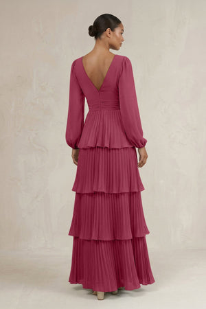 V - Neck Tiered A - Line Long Sleeve Bridesmaid Dress in Desert Rose - SHE IS ME Bridesmaid Dresses