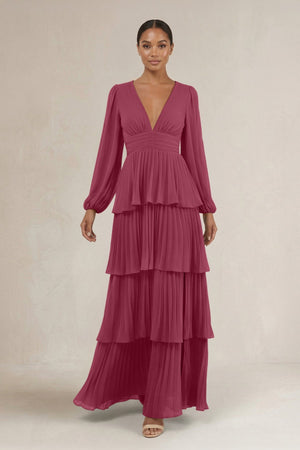 V - Neck Tiered A - Line Long Sleeve Bridesmaid Dress in Desert Rose - SHE IS ME Bridesmaid Dresses