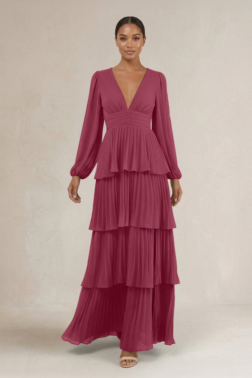 V - Neck Tiered A - Line Long Sleeve Bridesmaid Dress in Desert Rose - SHE IS ME Bridesmaid Dresses