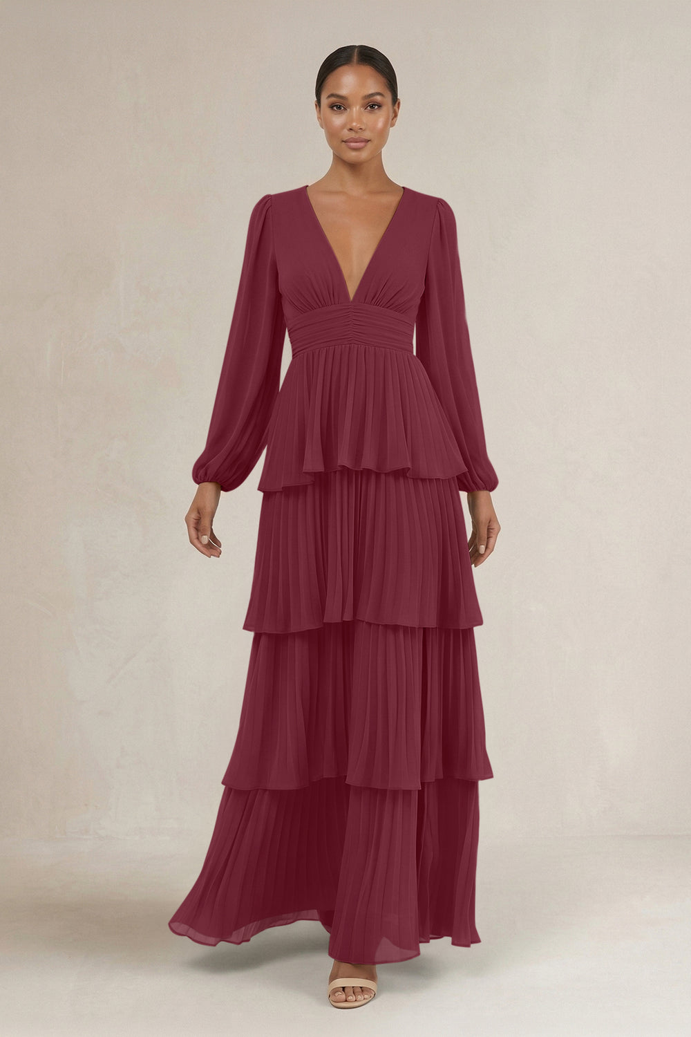 V-Neck Tiered A-Line Long Sleeve Bridesmaid Dress in Desert Rose