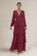 V-Neck Tiered A-Line Long Sleeve Bridesmaid Dress in Desert Rose | KISSBRIDAL