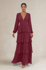 V-Neck Tiered A-Line Long Sleeve Bridesmaid Dress in Desert Rose | KISSBRIDAL