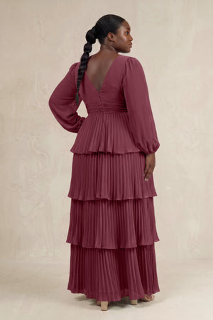 Desert Rose V-Neck Tiered A-Line Long Sleeve Bridesmaid Dress [sizeplus] | KISSBRIDAL