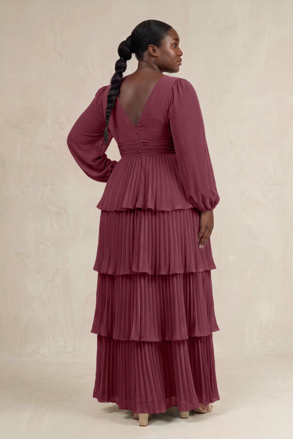 Desert Rose V-Neck Tiered A-Line Long Sleeve Bridesmaid Dress [sizeplus] | KISSBRIDAL