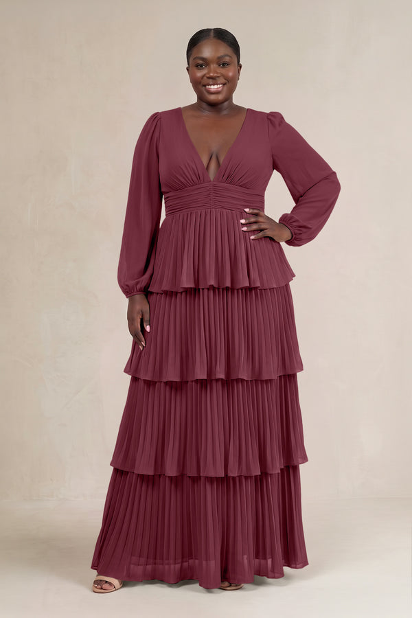 Desert Rose V-Neck Tiered A-Line Long Sleeve Bridesmaid Dress [sizeplus] | KISSBRIDAL