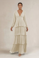 V - Neck Tiered A - Line Long Sleeve Bridesmaid Dress in Dove Gray - SHE IS ME Bridesmaid Dresses