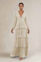 V - Neck Tiered A - Line Long Sleeve Bridesmaid Dress in Dove Gray - KISS BRIDAL Bridesmaid Dresses