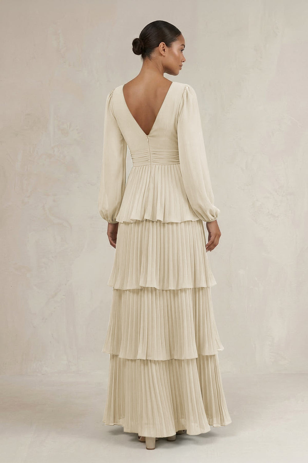 V - Neck Tiered A - Line Long Sleeve Bridesmaid Dress in Dove Gray - KISS BRIDAL Bridesmaid Dresses