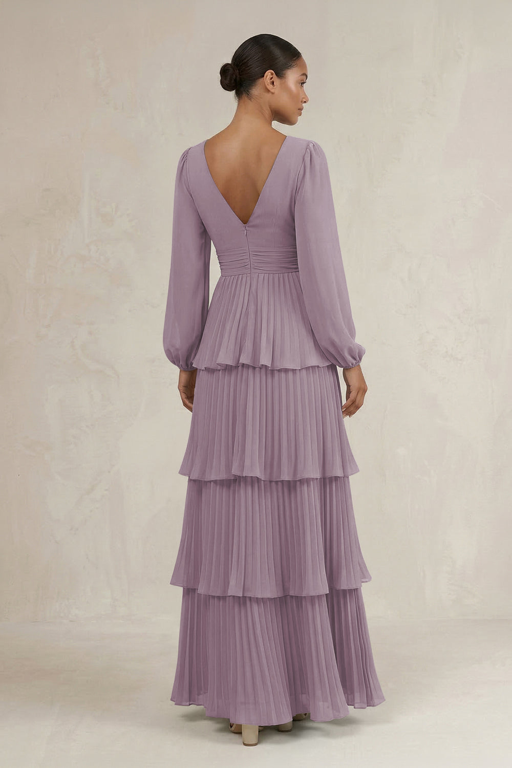 V-Neck Tiered A-Line Long Sleeve Bridesmaid Dress in Dusk