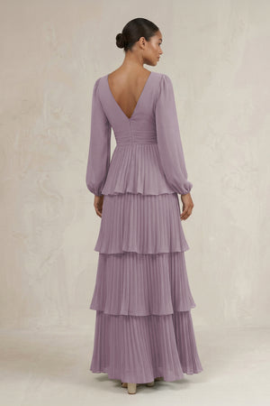 V-Neck Tiered A-Line Long Sleeve Bridesmaid Dress in Dusk (2) | KISSBRIDAL
