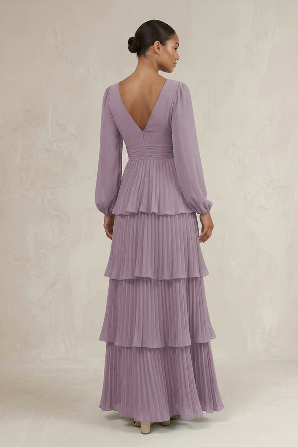 V-Neck Tiered A-Line Long Sleeve Bridesmaid Dress in Dusk (2) | KISSBRIDAL