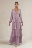 V - Neck Tiered A - Line Long Sleeve Bridesmaid Dress in Dusk - SHE IS ME Bridesmaid Dresses