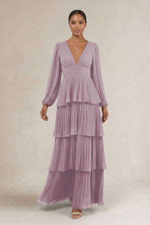 V - Neck Tiered A - Line Long Sleeve Bridesmaid Dress in Dusk - SHE IS ME Bridesmaid Dresses
