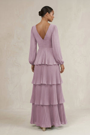 V - Neck Tiered A - Line Long Sleeve Bridesmaid Dress in Dusk - SHE IS ME Bridesmaid Dresses