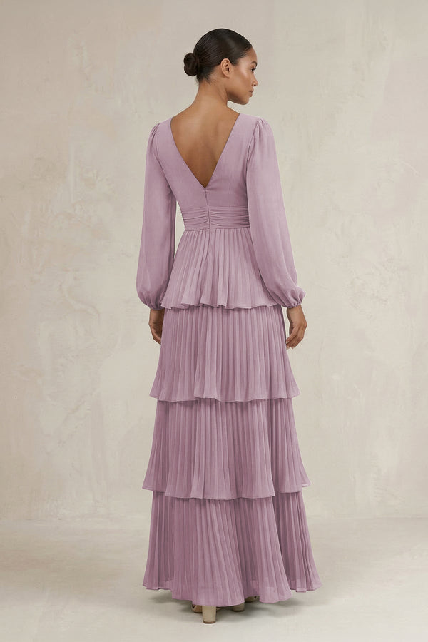 V - Neck Tiered A - Line Long Sleeve Bridesmaid Dress in Dusk - SHE IS ME Bridesmaid Dresses