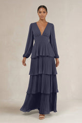 V - Neck Tiered A - Line Long Sleeve Bridesmaid Dress in Dusk Blue - KISS BRIDAL Bridesmaid Dresses