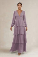 V-Neck Tiered A-Line Long Sleeve Bridesmaid Dress in Dusk | KISSBRIDAL