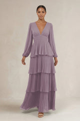 V-Neck Tiered A-Line Long Sleeve Bridesmaid Dress in Dusk | KISSBRIDAL