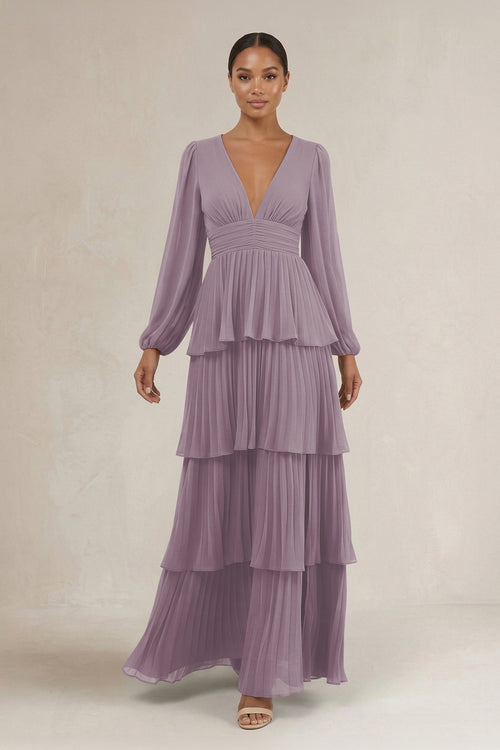 V-Neck Tiered A-Line Long Sleeve Bridesmaid Dress in Dusk | KISSBRIDAL